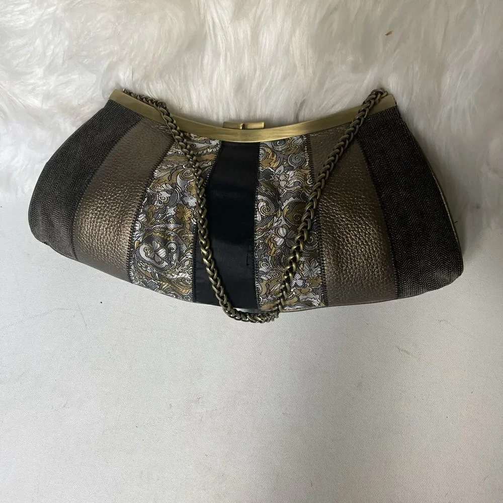 Talbots vintage black,copper & gray clutch with  a rustic gold tone chain